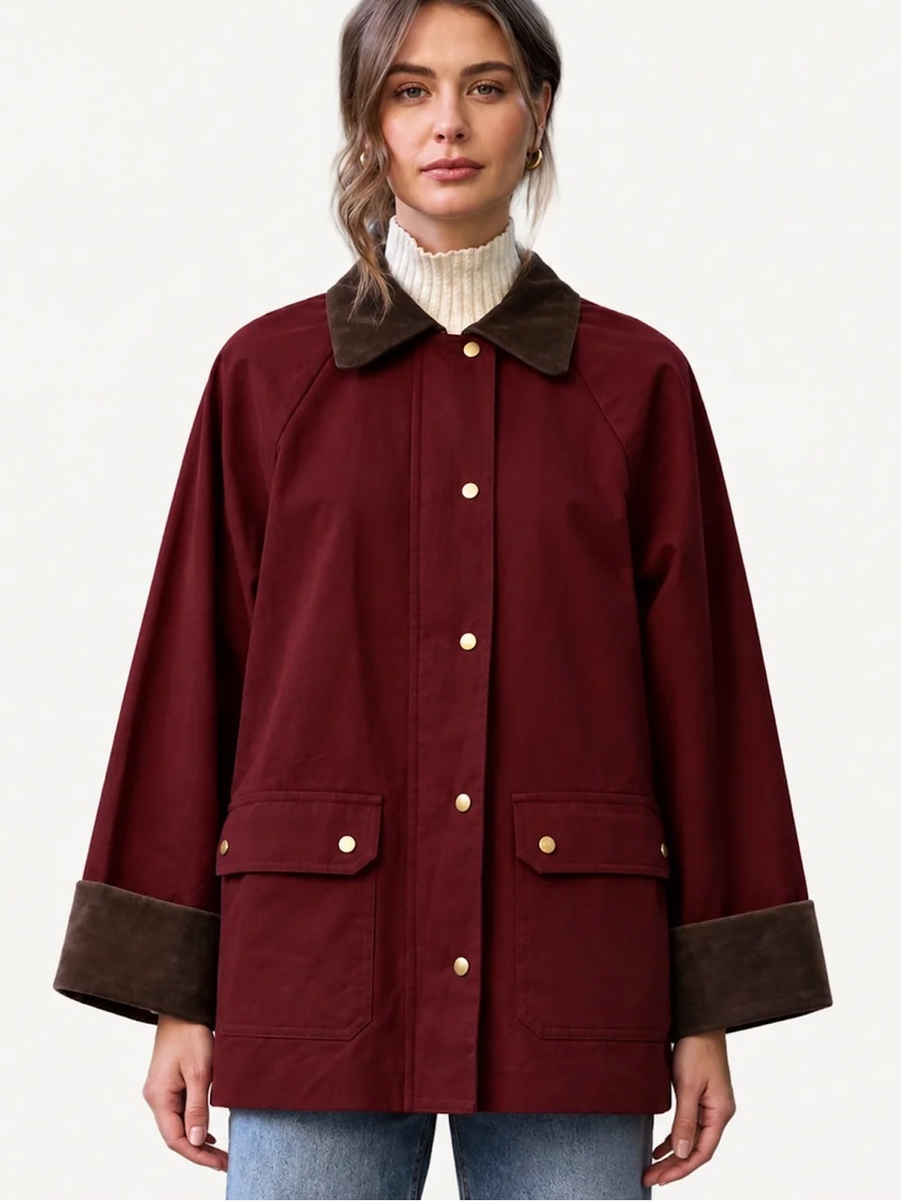 Moon River Burgundy Barn Jacket with Chocolate Brown Corduroy Contrast Size XS